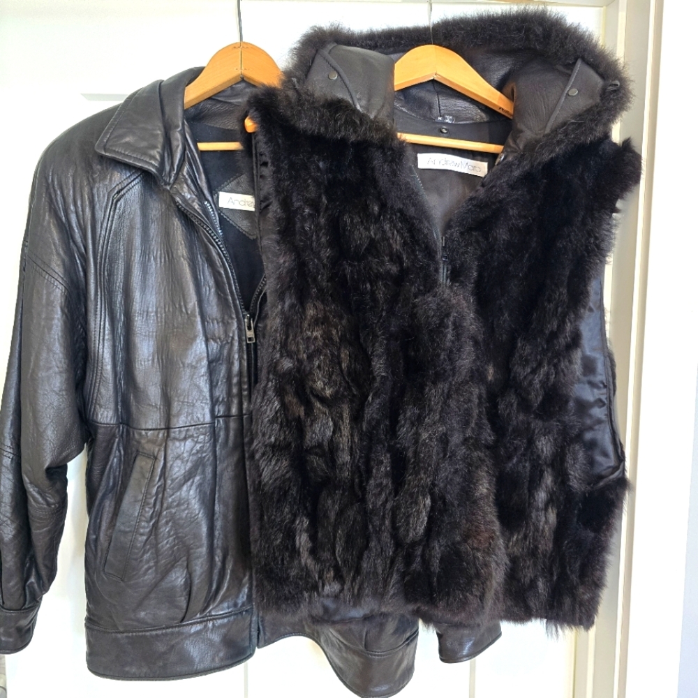 Andrew Marc Vintage Set 100% Leather Jacket & NZ Opossum Fur Lining Vest Size M